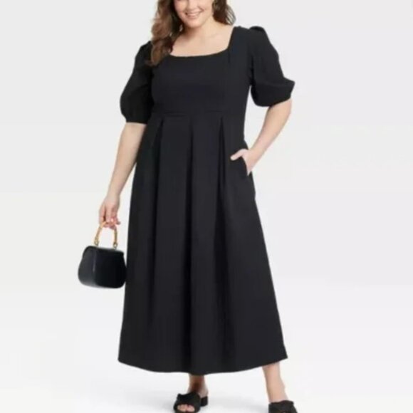 A New Day Black Balloon Sleeve Smocked Seersucker XXL NWT Midi Maxi Dress - Picture 3 of 3